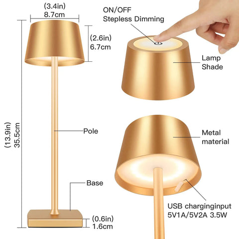 Cordless Table Lamp With Dimmable And Rechargeable Battery, Waterproof Gold Lampshade For Indoor And Outdoor Use, Long Lasting Power