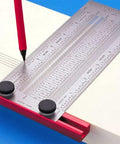 Six Inch Precision Marking T Rule A No Fuss Handy Tool That Feels Like A Quick Setup Versatile Alternative To A Traditional Square With Micro Fine Marking Holes And Instant Scale Alignment For Woodworking Projects. Six-inch metal marking T-rule with pencil and red guide for woodworking