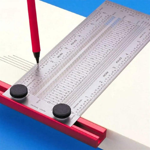 Six Inch Precision Marking T Rule A No Fuss Handy Tool That Feels Like A Quick Setup Versatile Alternative To A Traditional Square With Micro Fine Marking Holes And Instant Scale Alignment For Woodworking Projects. Six-inch metal marking T-rule with pencil and red guide for woodworking