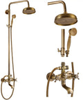 Antique Brass 8 Inch Round Rain Shower Head Kit With Tub Spout And Wall Mount Three Function Metal Handheld Sprayer System