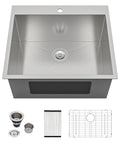 Amazon Dcolora 25x22 in stainless steel laundry sink, 12 in deep, single bowl; includes drain kit, strainer, grid, rack.