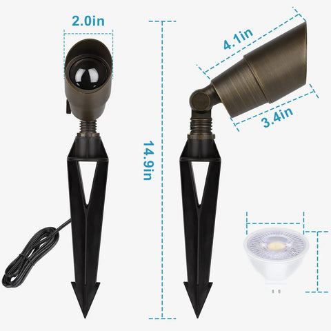 Brass Mini Landscape Light With 450 Lumen Output, 5W MR16 LED, 12V AC/DC, waterproof spotlight with ground stake and LED bulb