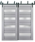 Smooth Operator Bypass Sliding Closet Doors 56 X 96 Inches Matte Grey Frosted Glass Tough Solid Core With Full Hardware Pack mounted.