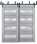 Bypass Sliding Doors Set With Frosted Glass And Solid Wood In Black Modern Style 84x96 Two Door Slabs With 8 Ft Rails