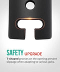 Close-up of drill adapter opening showing T-shaped grooves for secure fitting on trailer jacks. Safety upgrade emphasized.