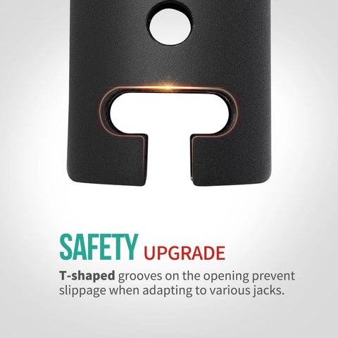Close-up of drill adapter opening showing T-shaped grooves for secure fitting on trailer jacks. Safety upgrade emphasized.
