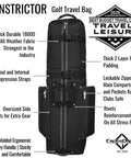 Constrictor Grey Golf Travel Bag With North Pole Golf Club Protector, detailed view with compression straps and zippers