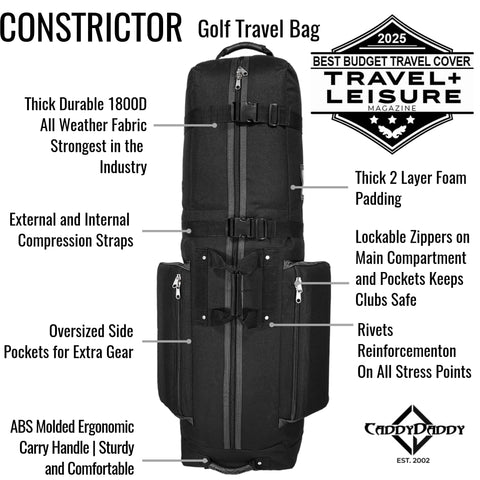 Constrictor Grey Golf Travel Bag With North Pole Golf Club Protector, detailed view with compression straps and zippers