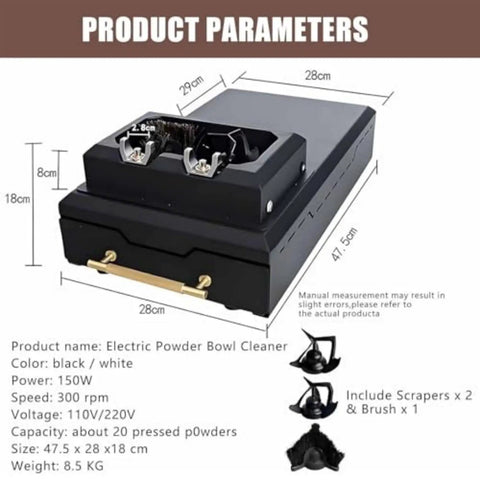 No Drama Electric Coffee Puck Knock Box For Super Easy Espresso Cleanup And 150W Portafilter Washing Station with dimensions.