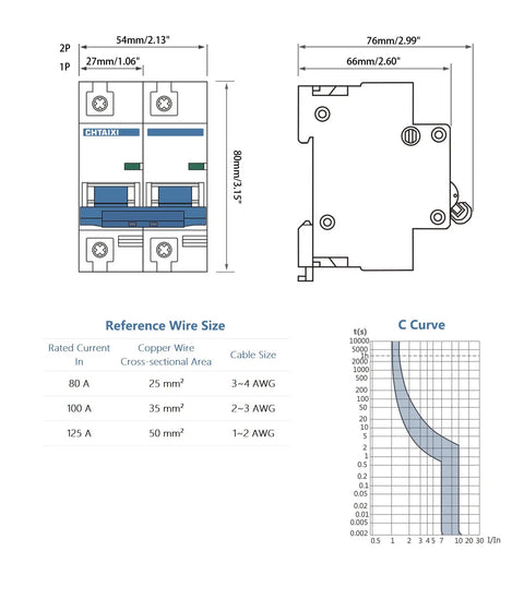 Technical diagram of 2 Pole 500V 125A DC Circuit Breaker Isolator For Solar PV Systems Thermal Magnetic Trip DIN Rail Mount High Current DC Disconnect Switch MCB 2P C125 Heavy Duty, showing dimensions and wire size.