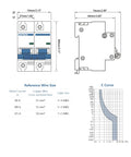 DC Miniature Circuit Breaker 2 Pole 500V 100A With Arc Extinguishing Magnetic System, Heavy-Duty Silver Alloy Contacts, Overload And Short-Circuit Protection, Ideal For Power Distribution Panels And Control Circuits. technical drawing with dimensions, wire size chart, and C curve