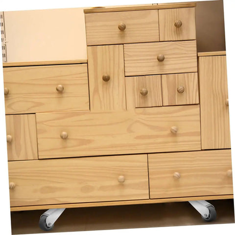 2 Pack Heavy Duty Barn Door Rollers Built Tough For Dead Silent Gliding on a wooden cabinet with sliding drawers.