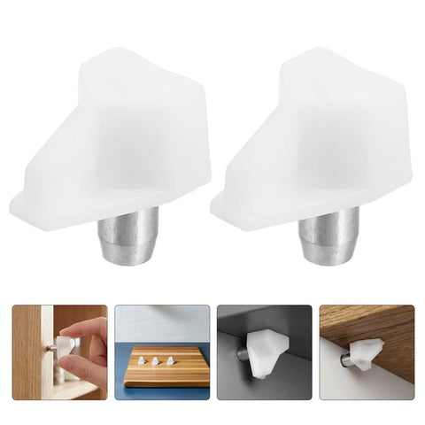 Heavy Duty Shelf Pins 200 Pcs White Plastic And Stainless Steel With Enhanced Safety Grip for Quick Install, shown installed in wood