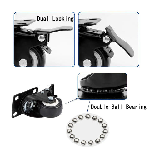 Heavy Duty Four Pack Two Inch Silent Glide Casters With Dual Lock Brakes Smooth Ball Bearing Swivel Wheels close-up of locking mechanism and ball bearing