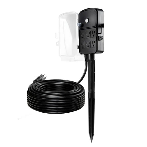 Built Tough Outdoor Power Stake With 100 Foot Extension Cord And Locking Weatherproof Cover, six socket design with weatherproof casing.