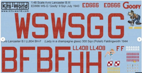 1/48 Scale Avro Lancaster B.III ED666 WS-G Goofy Decal Set For WWII Bomber Model Aircraft 9 Squadron Nose Art Premium Water Slide Decals For Hobby Builders showing decal sheet with squadron markings and nose art.