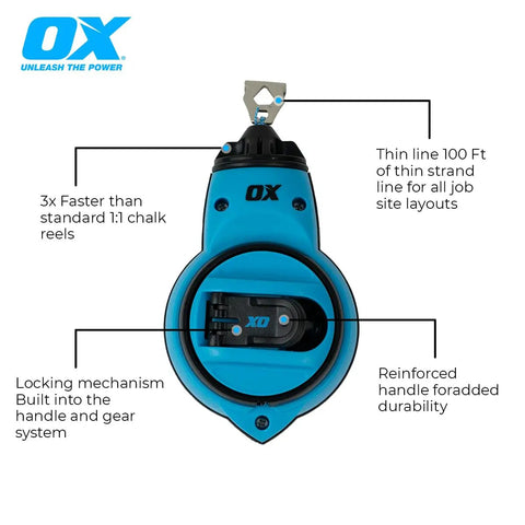 Trade Ready Workhorse Heavy Duty Chalk Reel With 100 Ft Thin Line, durable handle, and built in locking gear system, blue.