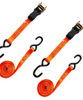Beefy Ratchet Tie Down Straps 2 Pack 1 Inch By 15 Feet Cargo Slings with orange straps and locking hooks for securing loads.