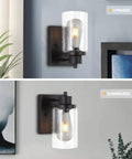 2-Pack Dope Modern Bath Vanity Light Fixtures With Seeded Glass Sconces, black wall lights over mirror and entryway area.