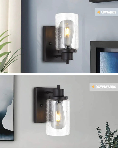 2-Pack Dope Modern Bath Vanity Light Fixtures With Seeded Glass Sconces, black wall lights over mirror and entryway area.