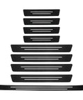 Hella Durable 9 Piece Door Sill Protectors For Tesla Cybertruck 2024 Plus Featuring Real Carbon Fiber Finish displayed from above.