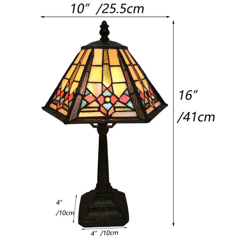Mission Style Table Lamp With Tiffany Stained Glass Night Light Hexagonal Cone Lampshade 10 Inch Wide By 16 Inch Tall LED Bulb Included