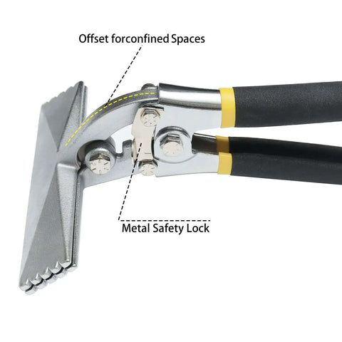Close-up of 6 Inch Offset Hand Seamer for sheet metal with precision quarter inch increment markings, showing offset design and metal safety lock.