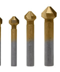 Aracombie 6-pack, 3-flute 90° countersink drill bits with titanium HSS coating and steel shanks, front view