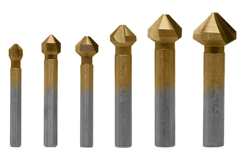 Aracombie 6-pack, 3-flute 90° countersink drill bits with titanium HSS coating and steel shanks, front view