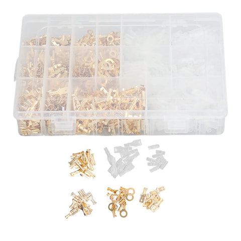 Slick Setup Pro Grade Killer Spade Connector Kit With 1000 Gold Plated Copper Male Female Wire Crimp Terminals In 2 8Mm 4 8Mm And 6 3Mm, assorted connectors in transparent box.