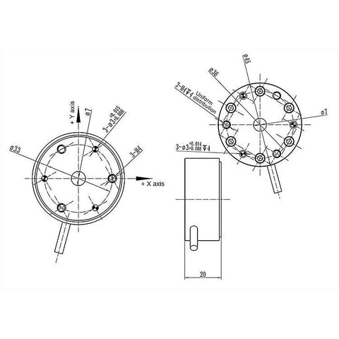 Technical diagram of Six Axis Load Cell for Robotics and Biomechanics High Precision Multi Axis Force and Torque Sensor with dimensions.