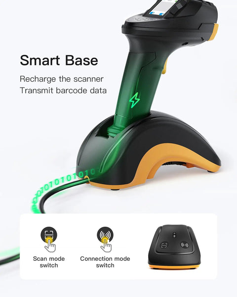 2D Wireless Barcode Scanner With TFT Screen And Dual CMOS CCD Sensors For Long Codes Bluetooth QR Reading With Cradle Beats Blurry Barcodes Handy Parameter Keypad And App SDK Support in charging cradle