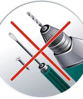 Illustration of tools crossed out next to power drill to show no tools needed for 360 Degree Adjustable Shower Head Holder Wall Mount.