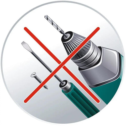 Illustration of tools crossed out next to power drill to show no tools needed for 360 Degree Adjustable Shower Head Holder Wall Mount.