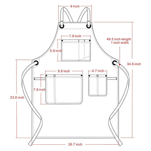 Diagram of Denim Apron For Men With Towel Loop And Tool Pockets, 100 Percent Cotton, Adjustable From L To XXL, dimensions displayed.