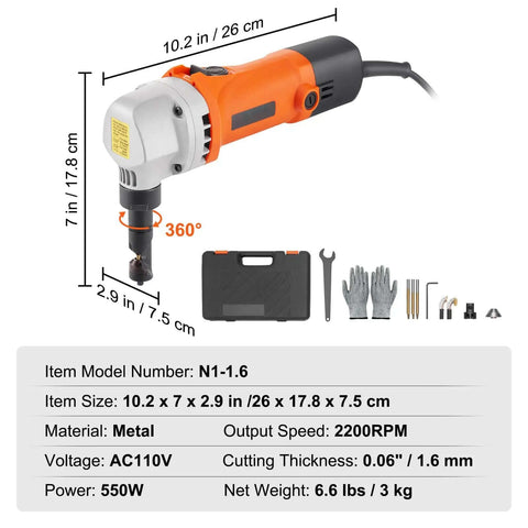 Sheet Metal Nibbler Power Cutter 550W Pro Electric Tool with 360 Degree Rotating Head, tool case and accessories displayed.