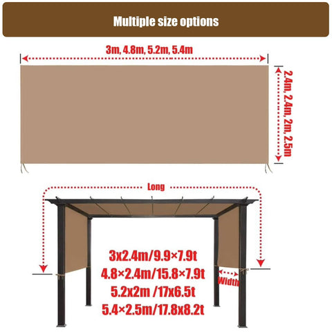 Diagram showing multiple sizes for waterproof pergola shade cover for outdoor patio replacement canopy top with grommets.