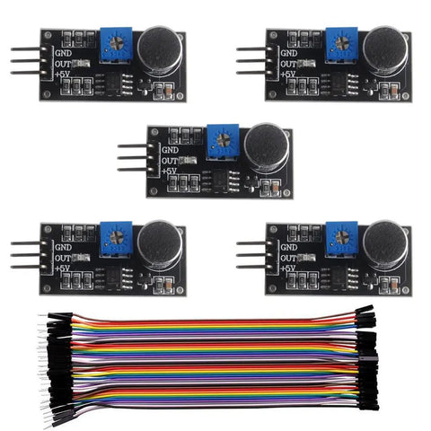 Pack of five Dope LM393 Sound Sensor Modules for Arduino with ultra sensitive microphone, digital output, potentiometer, and LED indicator.