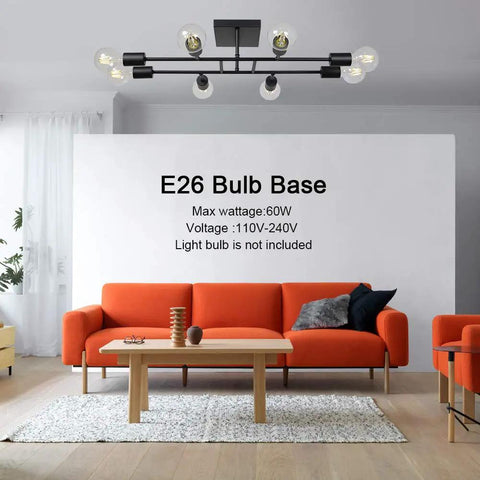 8 Light Sputnik Ceiling Light In Black Flush Mount With E26 Base, Industrial Vintage Chandelier For Dining Room And Kitchen.