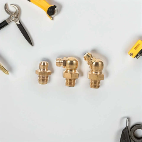 Top Tier 9 Piece Copper Grease Fitting Kit With M8 Threaded Nipples For Cars And Excavators Featuring Easy Installation Golden Color Hydraulic Assortment That Fits Like A Glove, three brass grease fittings