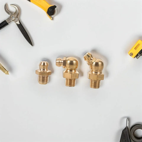 Top Tier 9 Piece Copper Grease Nipple Kit With M8 Threads And Multi Standard Support For Heavy Duty Cars Excavators Plus Fast Precise Golden Hydraulic Fittings Installation, three brass grease nipples
