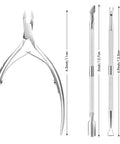 5 In 1 Cuticle Care Kit With Stainless Steel Trimmer Pusher Nipper Dead Skin Fork And Triangle Nail Scraper showcasing tool sizes.