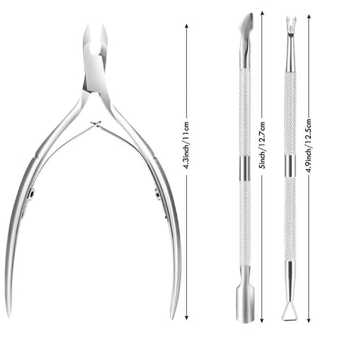 5 In 1 Cuticle Care Kit With Stainless Steel Trimmer Pusher Nipper Dead Skin Fork And Triangle Nail Scraper showcasing tool sizes.