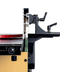 Detailed view of the 8 Inch Benchtop Jointer With Spiral Cutterhead and Teflon Coated Aluminum Tables features a red cutterhead.