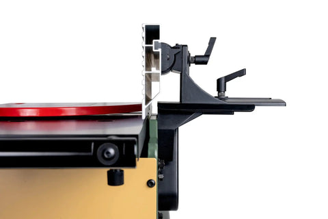 Detailed view of the 8 Inch Benchtop Jointer With Spiral Cutterhead and Teflon Coated Aluminum Tables features a red cutterhead.