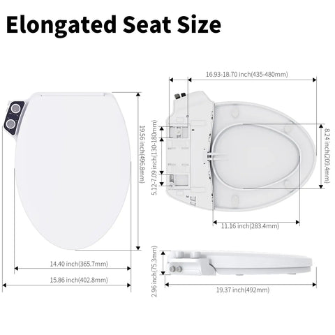 Dimensions diagram of Elongated Bidet Toilet Seat With Hot And Cold Water Non Electric Self Cleaning Dual Nozzles Slow Close Lid