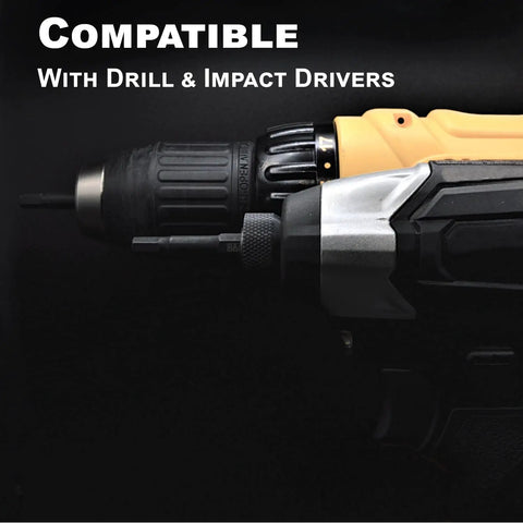 Close-up of 20 Piece Hex Bit Set With SAE And Metric Sizes in drill and impact driver compatibility showcase.