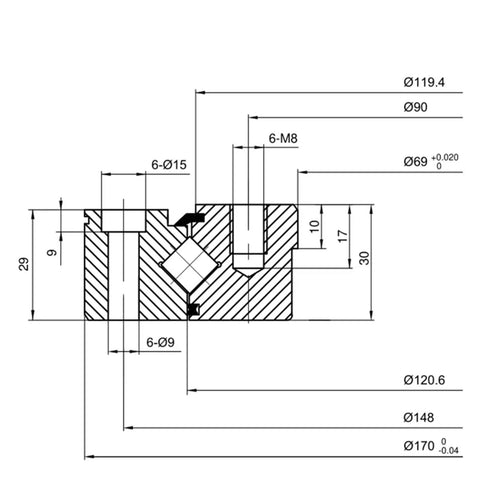Top Shelf Xu080120 Slewing Ring Bearing 69mm By 170mm By 30mm technical diagram showing measurements and design details.