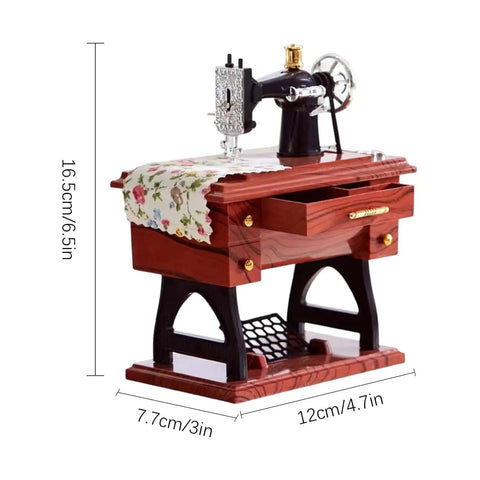 Handcrafted Vintage Sewing Machine Music Box With Wind Up Mechanism Matte Ornament, 16.5cm tall, wooden design, detailed gears