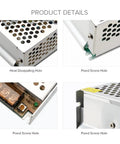 Close-up views of AC 100 to 240V to DC 12V 16.5A 198W Switching Power Supply Converter for LED Strips CCTV Cameras Security Systems.